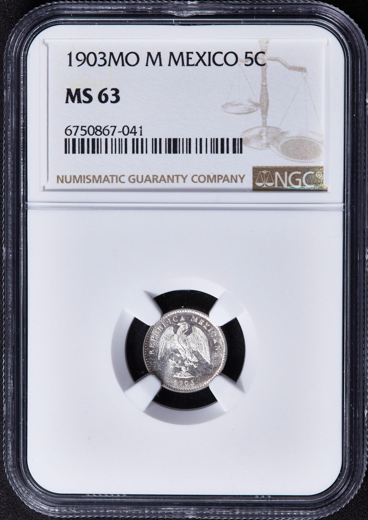 【俄甄集藏】2025年(044)11-12星期三晚 19:30 全场包邮 墨西哥1903年M版鹰洋5分银币，NGC MS63，凝霜底板，转光品相