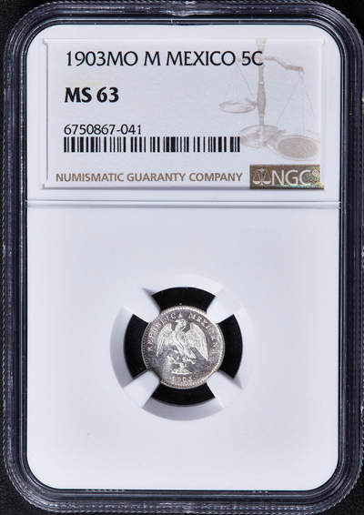 【俄甄集藏】2025年(044)11-12星期三晚 19:30 全场包邮 - 墨西哥1903年M版鹰洋5分银币，NGC MS63，凝霜底板，转光品相