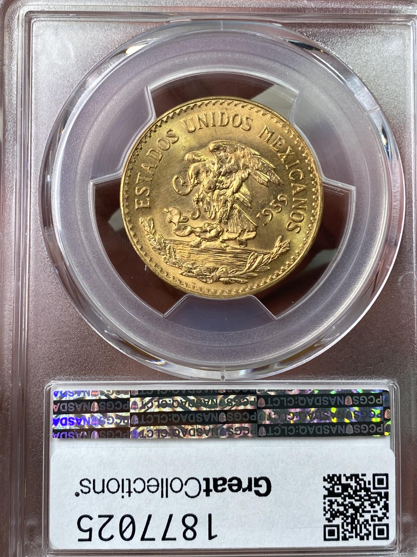 万国钱币拍卖第053期【万国秋季大拍上●周五周六两场连拍】 PCGS MS66 1959年墨西哥20比索金币 经典玛雅元素 黄金转光GEM品质  27.25mm 900金 16.66克