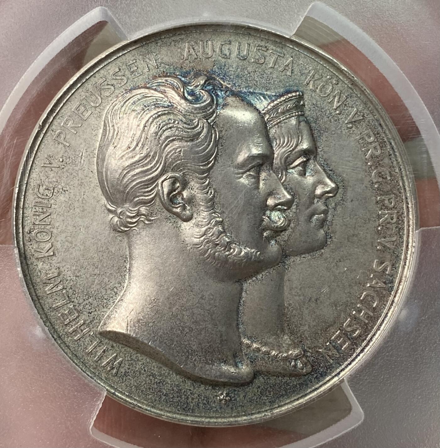 万国钱币拍卖第053期【万国秋季大拍下●周五周六两场连拍】 PCGS UNCD 1854年德国威廉一世银婚纪念大银章 欧洲五彩高浮雕大规格 高点锋利感十足
