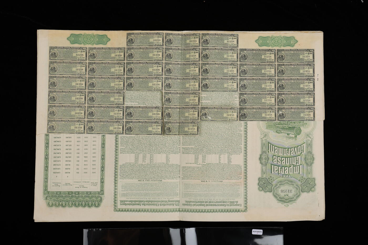 泓盛2025年秋季拍卖会 纸币 1911年大清帝国政府对外发行湖广铁路债券20英镑共3枚，东方汇理银行（BANQUE L'LNDO-CHINE IN PARIS）代理发行，邮传部尚书“盛宣怀”签署并1913年中华民国继承债务后，由驻法代表林桐实签押；品相上佳，八五成新