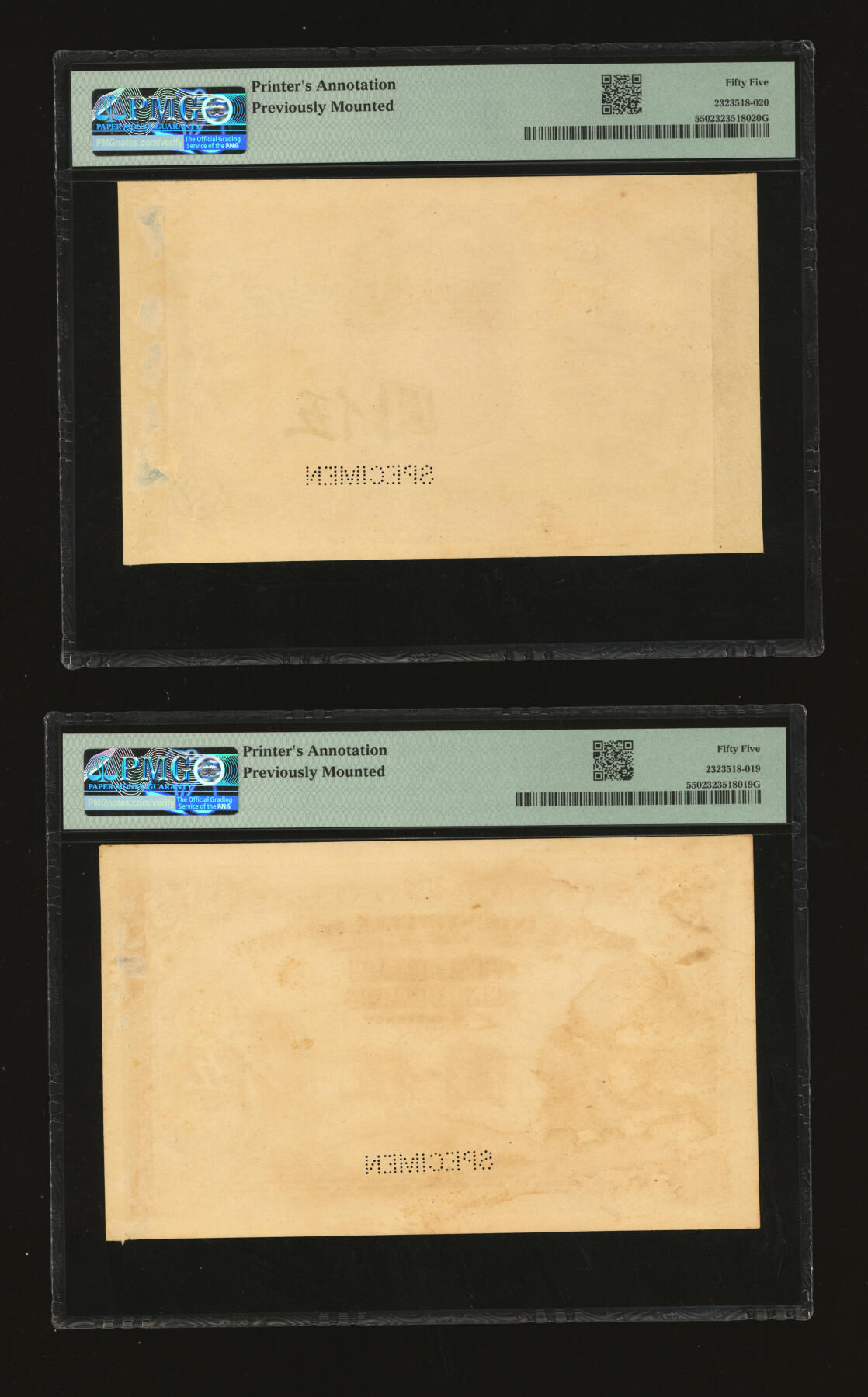 泓盛2025年秋季拍卖会 纸币 1914年中法实业银行伍圆样本券，正背共2枚，少见，纸张硬挺厚实，图文十分清晰，色彩浓郁醇厚，原汁原味，九五成新（PMG-55/2323518-019、020）