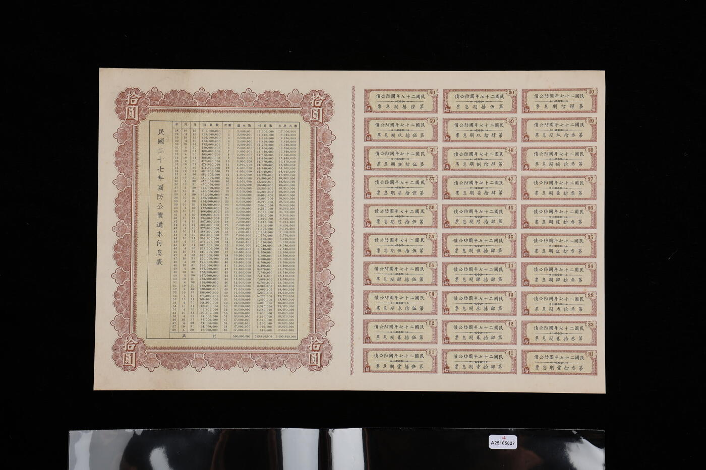 泓盛2025年秋季拍卖会 纸币 民国债券共4种，详分：1917年军事内国公债券壹仟圆；1938年广东省国防公债伍圆、拾圆；民国二十七年国防公债拾圆；均附带息票，保存完好，八至九成新