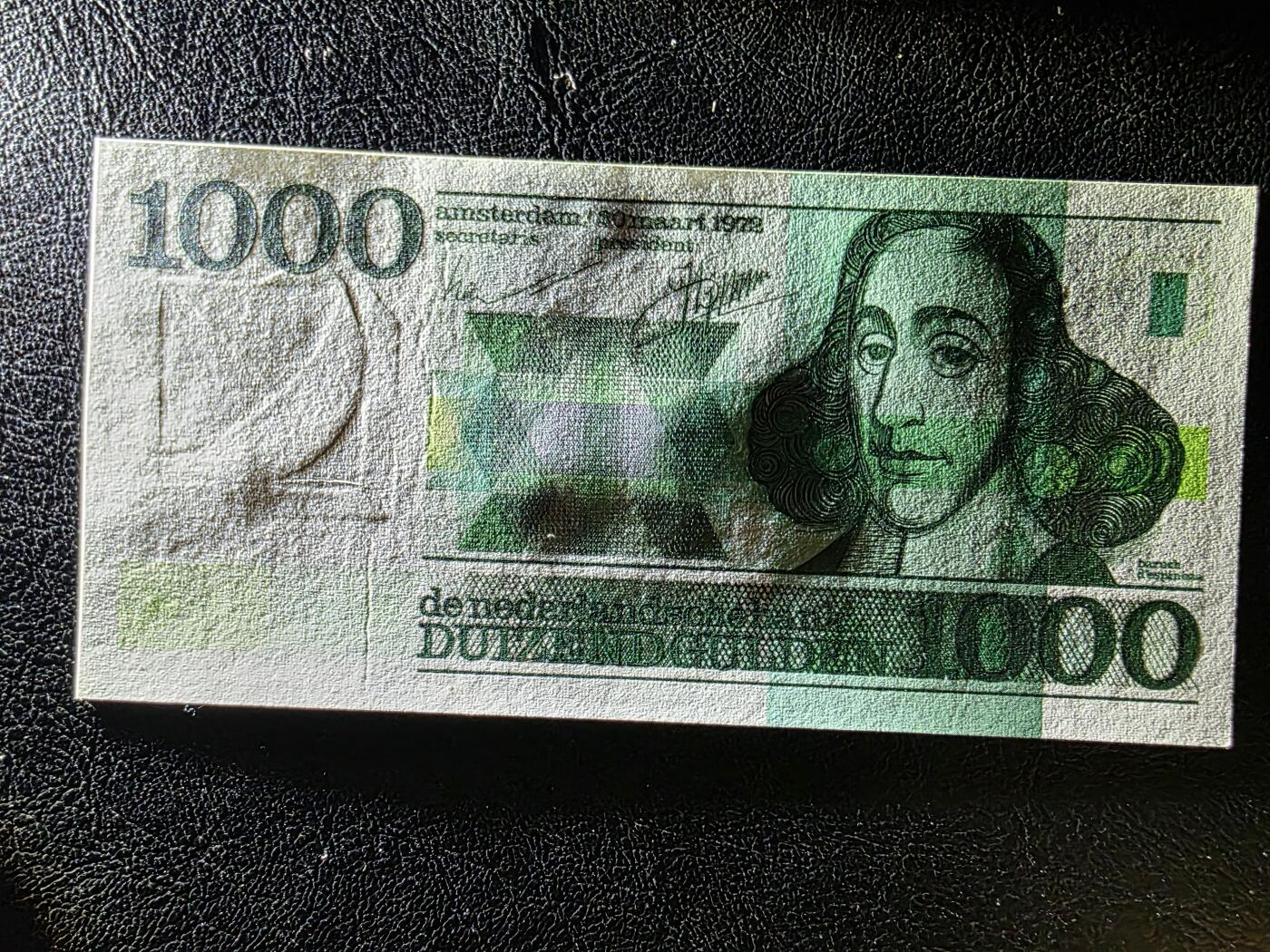 叁拾收藏第32期 荷兰1972年1000盾（斯宾诺莎）  UNC（有潮斑）