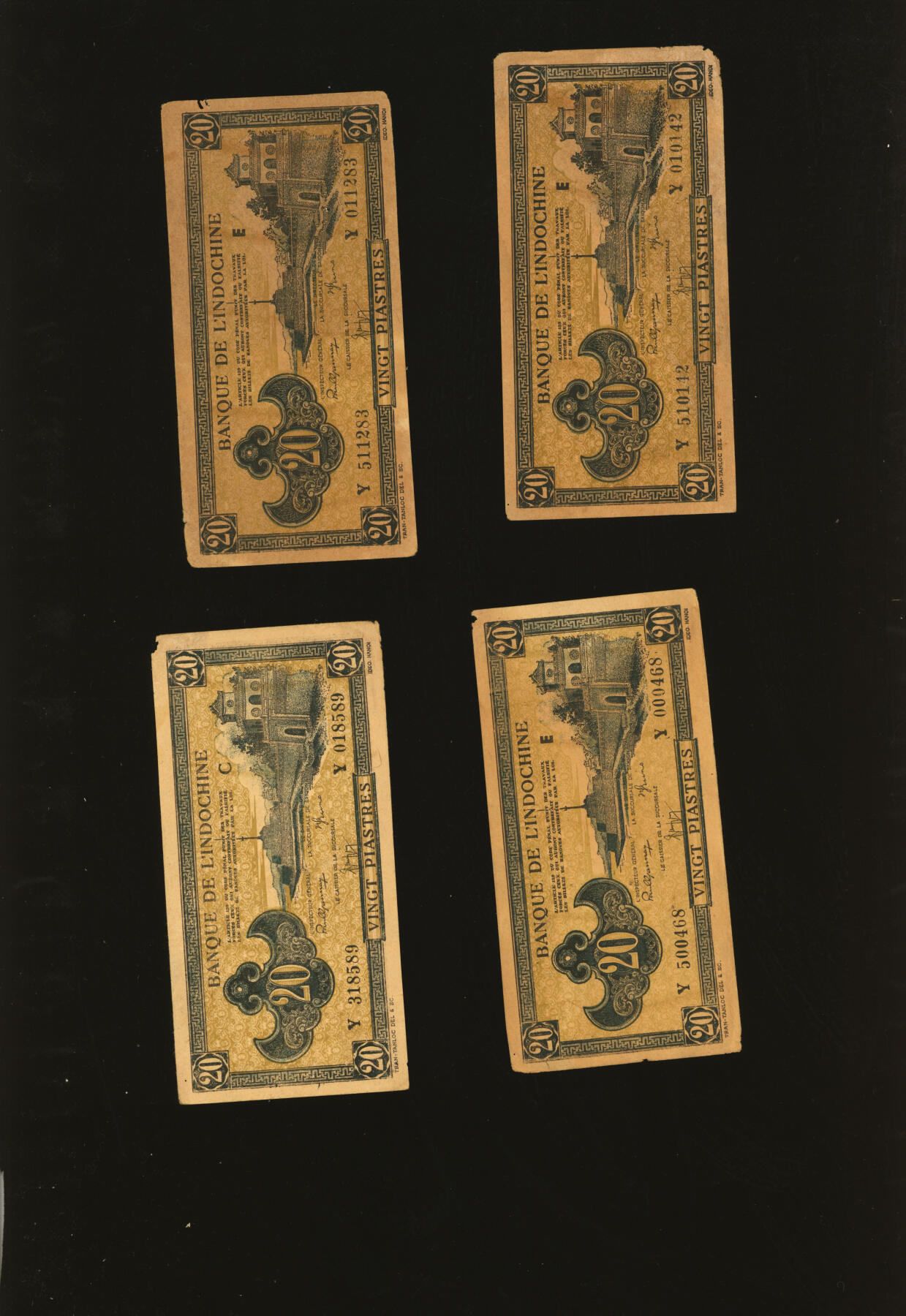 泓盛2025年秋季拍卖会 纸币 东方汇理银行（1942-45年）棕色佛像图贰拾元共4枚，色彩浓郁纯正，原汁原味，八五成新