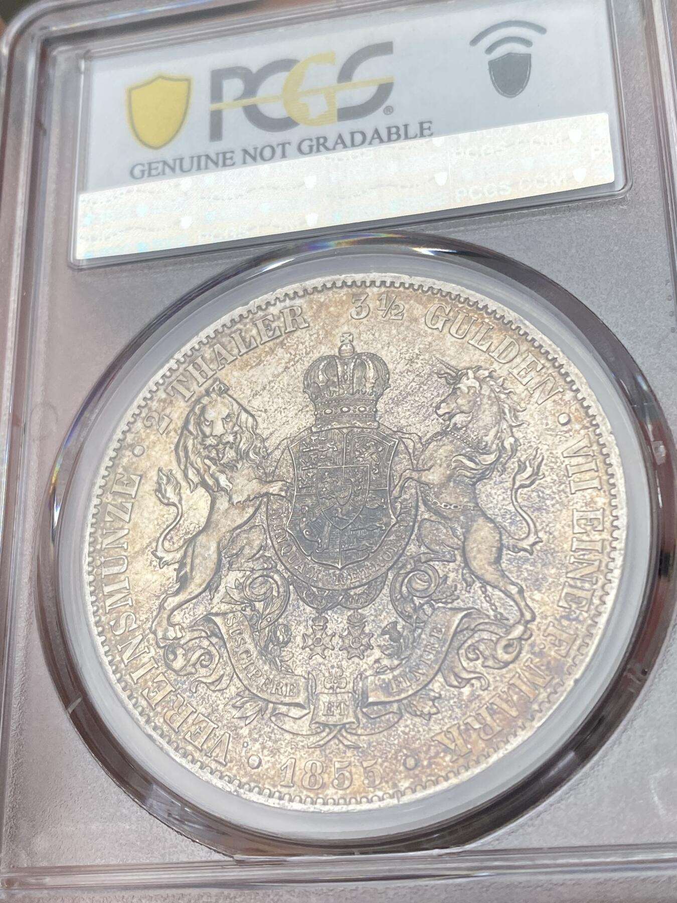 万国钱币拍卖第053期【万国秋季大拍上●周五周六两场连拍】 PCGS UNCD 1855年汉诺威狮马流通2泰勒 早期少见年份酱彩