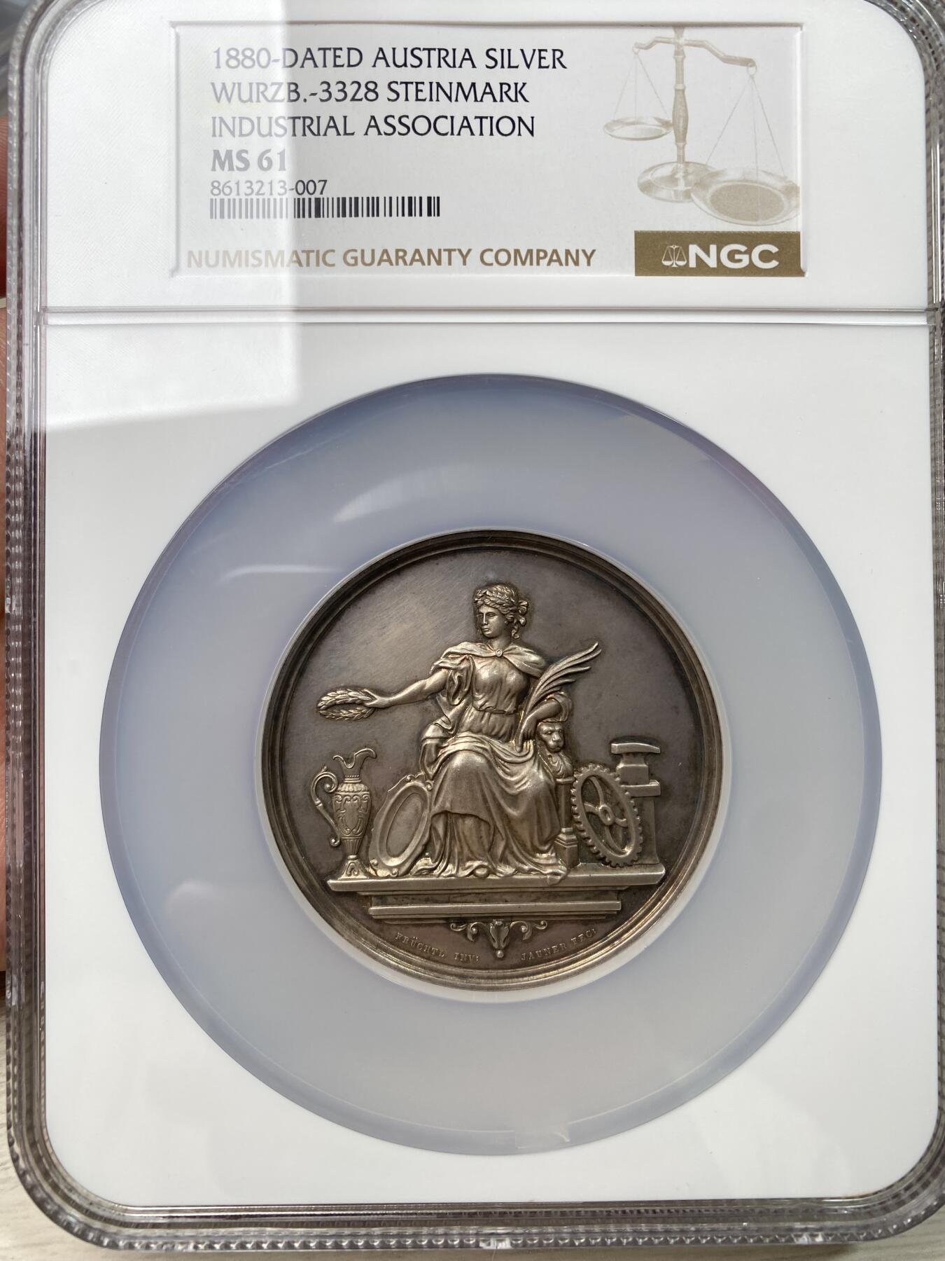 万国钱币拍卖第053期【万国秋季大拍上●周五周六两场连拍】 NGC MS61 1880年奥地利弗朗茨·约瑟夫一世时期格拉茨施泰尔马克工业协会纪念大银章 工业女神献上祝福 高浮雕古典工艺刻画精细