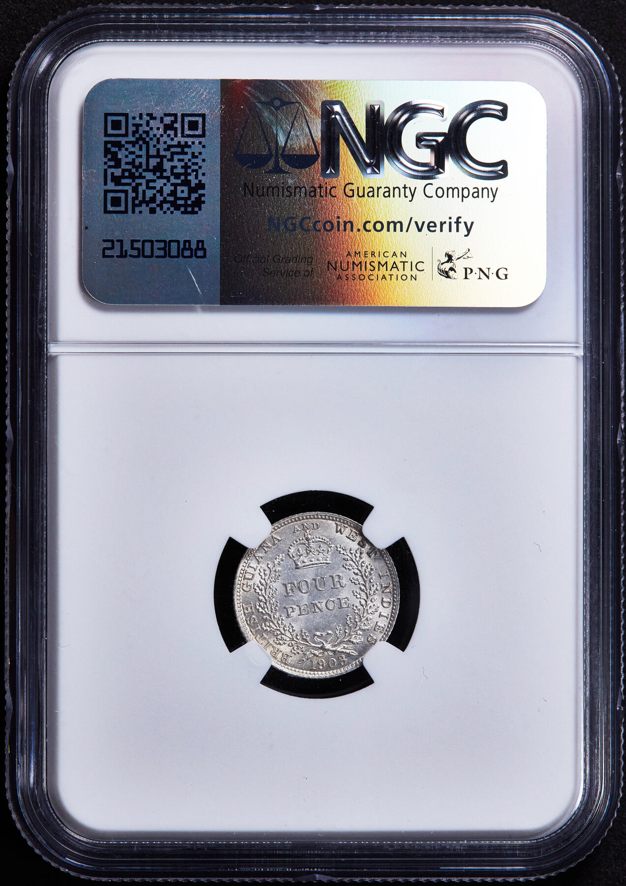 【俄甄集藏】2025年(044)11-12星期三晚 19:30 全场包邮 英属圭亚那1903年爱德华七世4便士银币，NGC MS64，深打转光，经典品种