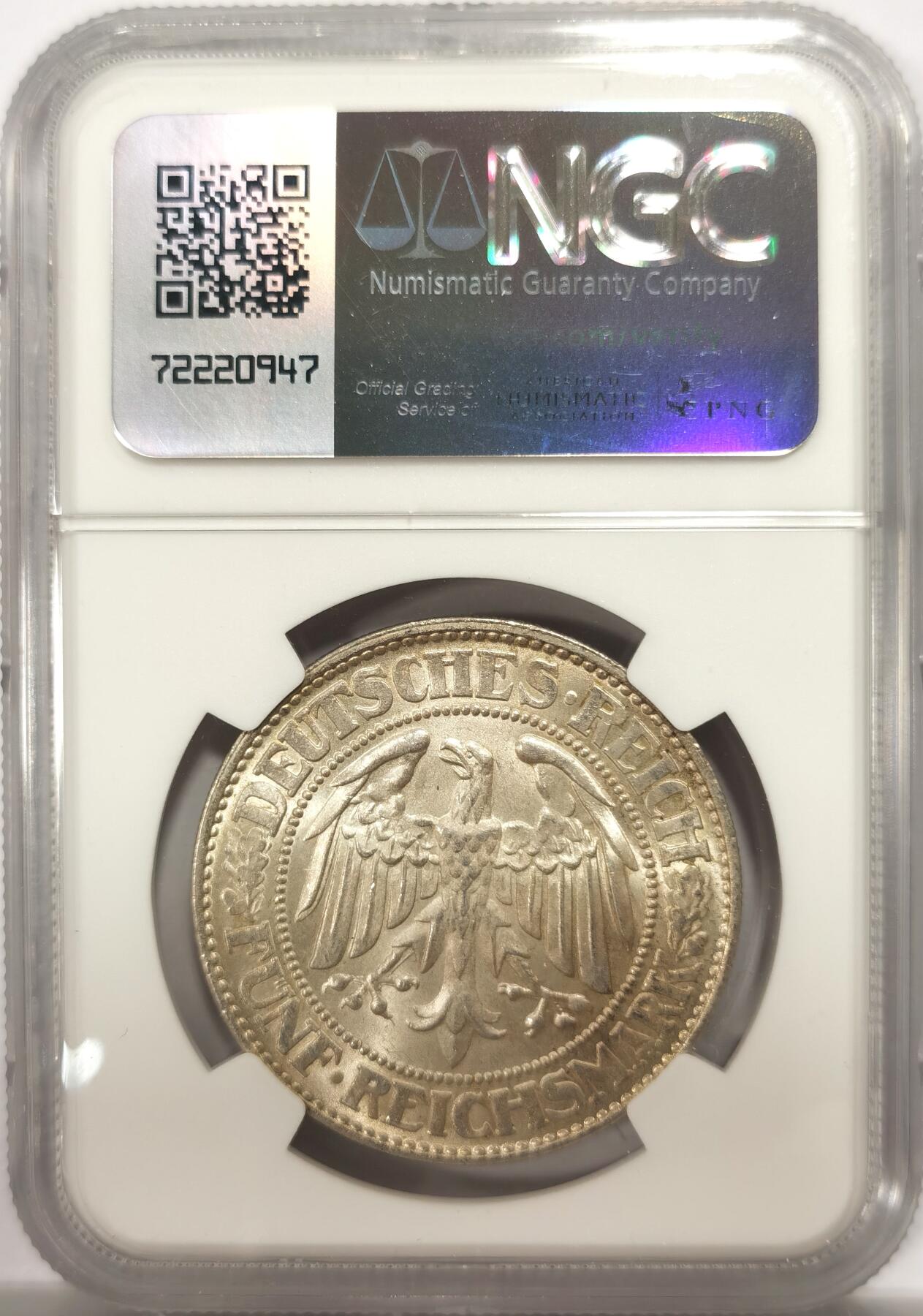 博洋堂世界钱币拍卖第143期（全场包邮） 冠军分！NGC MS66 魏玛德国1928年橡树5马克大银币 卷拆转光未下水完美品 无任何瑕疵 一枚毕业