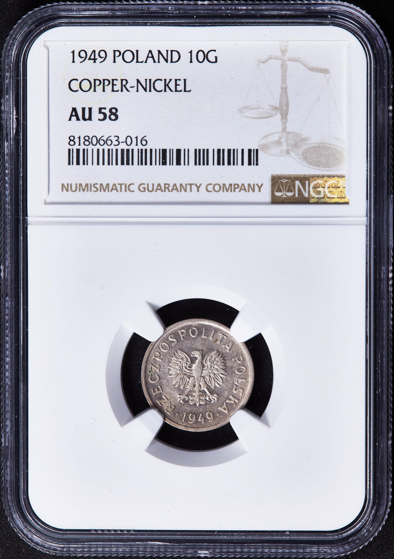 【俄甄集藏】2025年(044)11-12星期三晚 19:30 全场包邮 波兰1949年10格罗申镍币，NGC AU58，原光品相