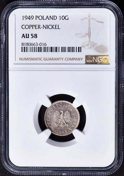 【俄甄集藏】2025年(044)11-12星期三晚 19:30 全场包邮 - 波兰1949年10格罗申镍币，NGC AU58，原光品相