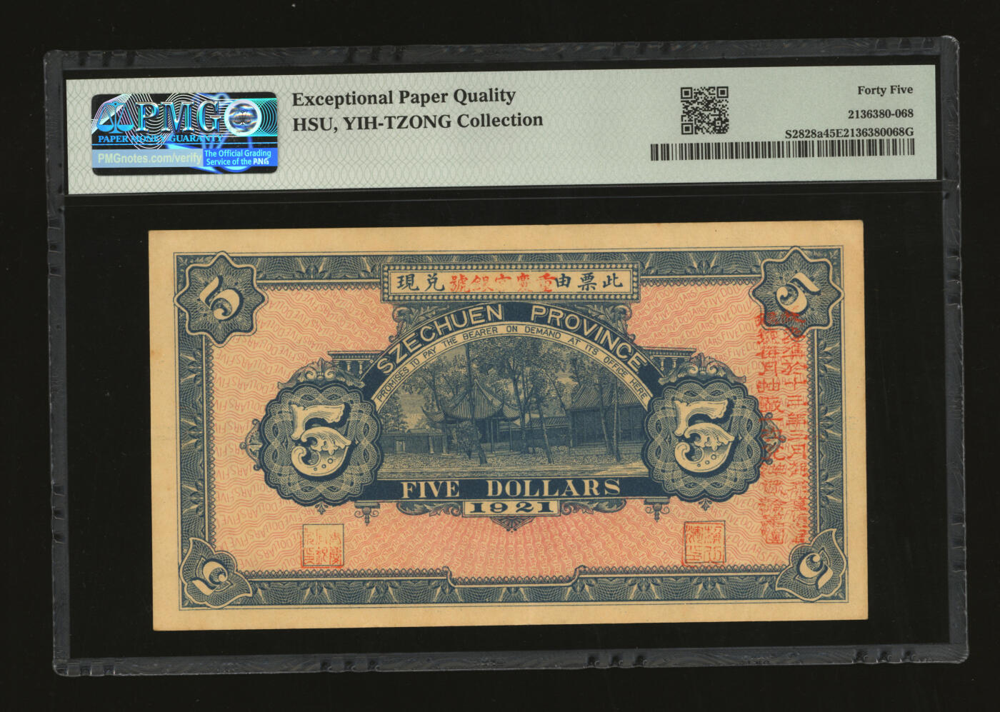 泓盛2025年秋季拍卖会 纸币 民国十年（1921年）四川兑换券伍圆，重庆地名，加印“智”字，背盖“由重庆官银号兑现”，省军熊克武、刘成勋、赖心辉派系发行，票上盖有三人名章，纸张硬挺，纹理清晰，色彩浓郁醇厚，原汁原味，软折八五成新（唯一EPQ等级亚军分、同等冠军分仅1枚，PMG-45EPQ/2136380-068）