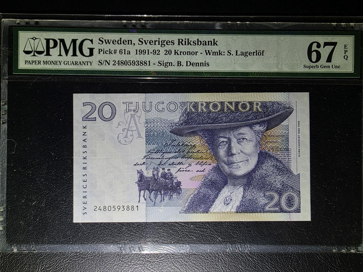 叁拾收藏第32期 瑞典1991年初版20克朗 骑鹅旅行记   PMG67分