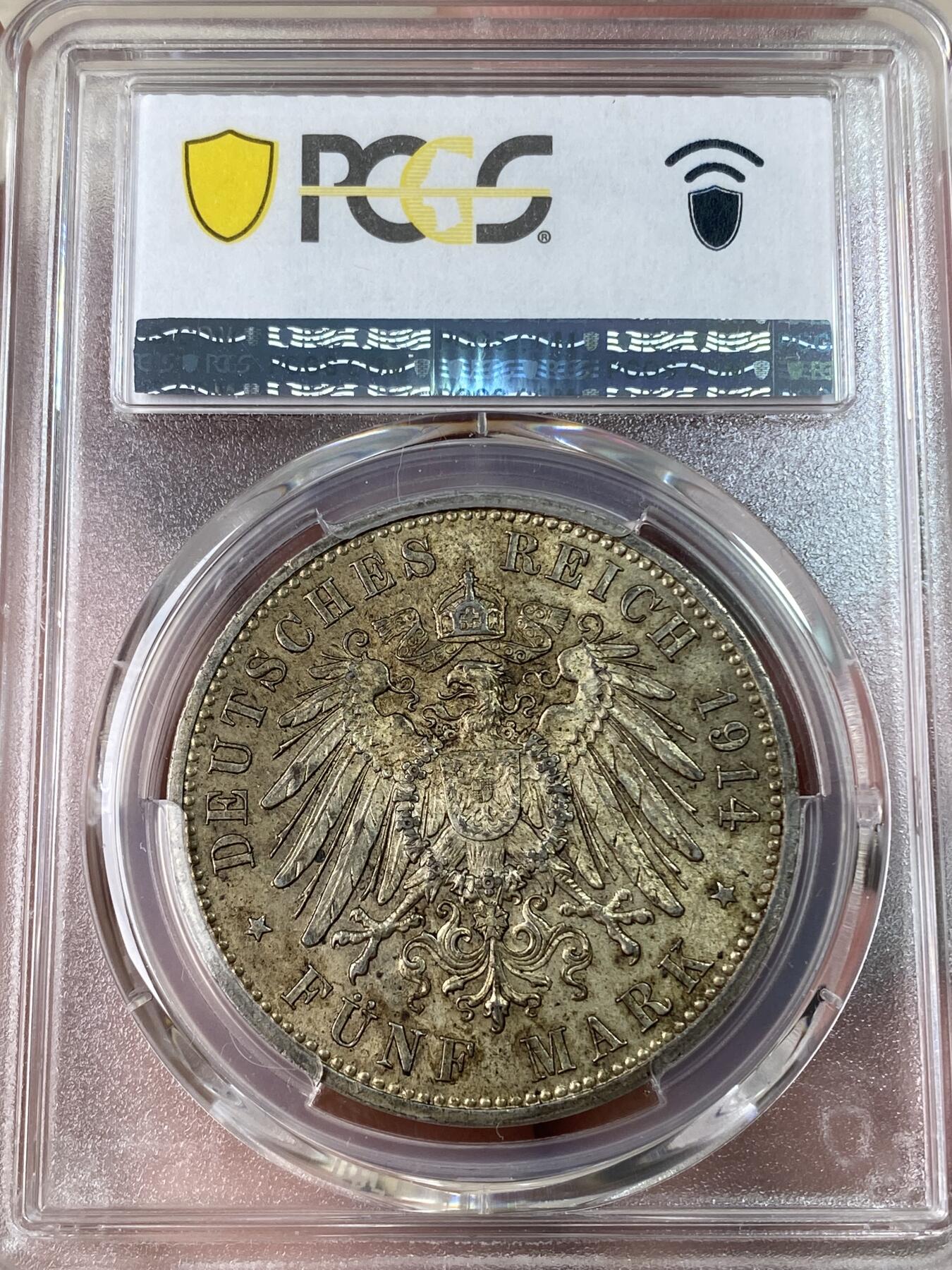 万国钱币拍卖第053期【万国秋季大拍上●周五周六两场连拍】 PCGS MS63 1914年德国普鲁士威廉二世军装5马克 酱彩原光原味