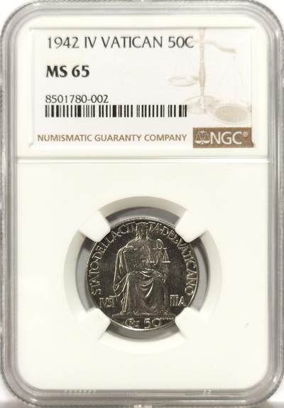博洋堂世界钱币拍卖第143期（全场包邮） - NGC MS65 梵蒂冈1942年50C镍币