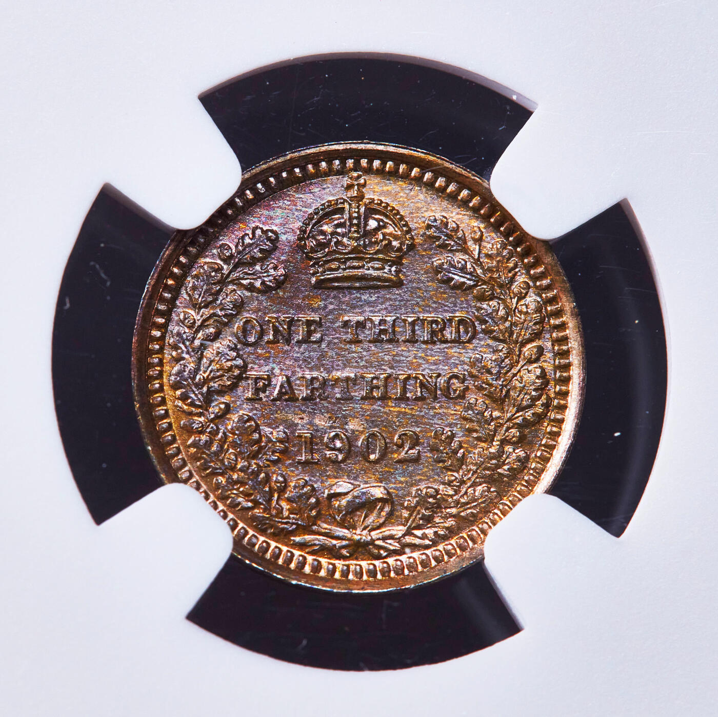 【俄甄集藏】2025年(044)11-12星期三晚 19:30 全场包邮 英国1902年爱德华七世1/3法新铜币，NGC MS64RB，原铜光，转光品相