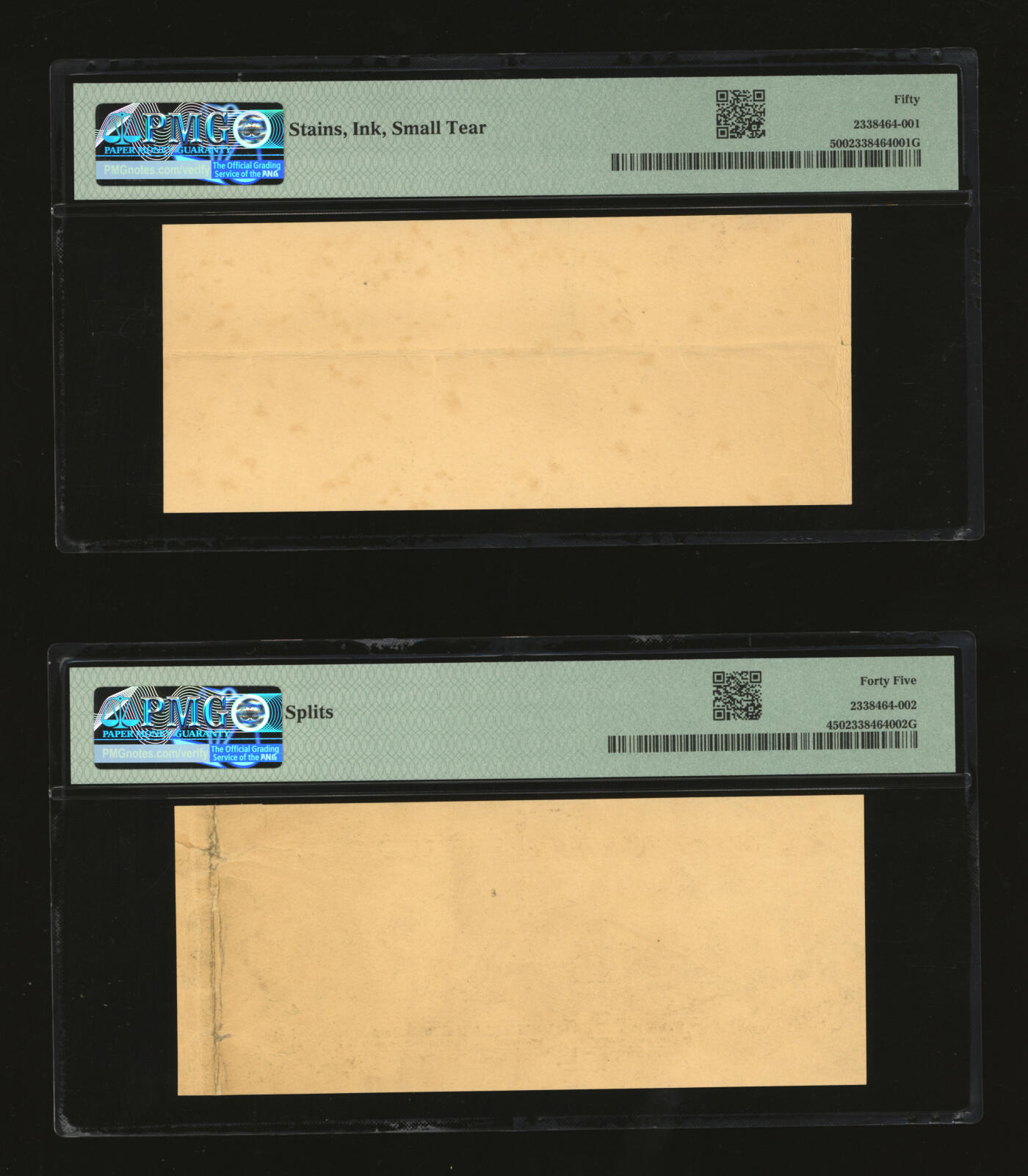 泓盛2025年秋季拍卖会 纸币 1949年中央银行金圆券美钞版伍拾万圆试印样本券，正背共2枚，上印孙中山西装正像，极为罕见，中央银行纸币之大珍品；纸张厚实硬挺，凹凸明显，色彩浓郁醇厚，原汁原味，九成新（PMG-50、45/2338464-001、002）