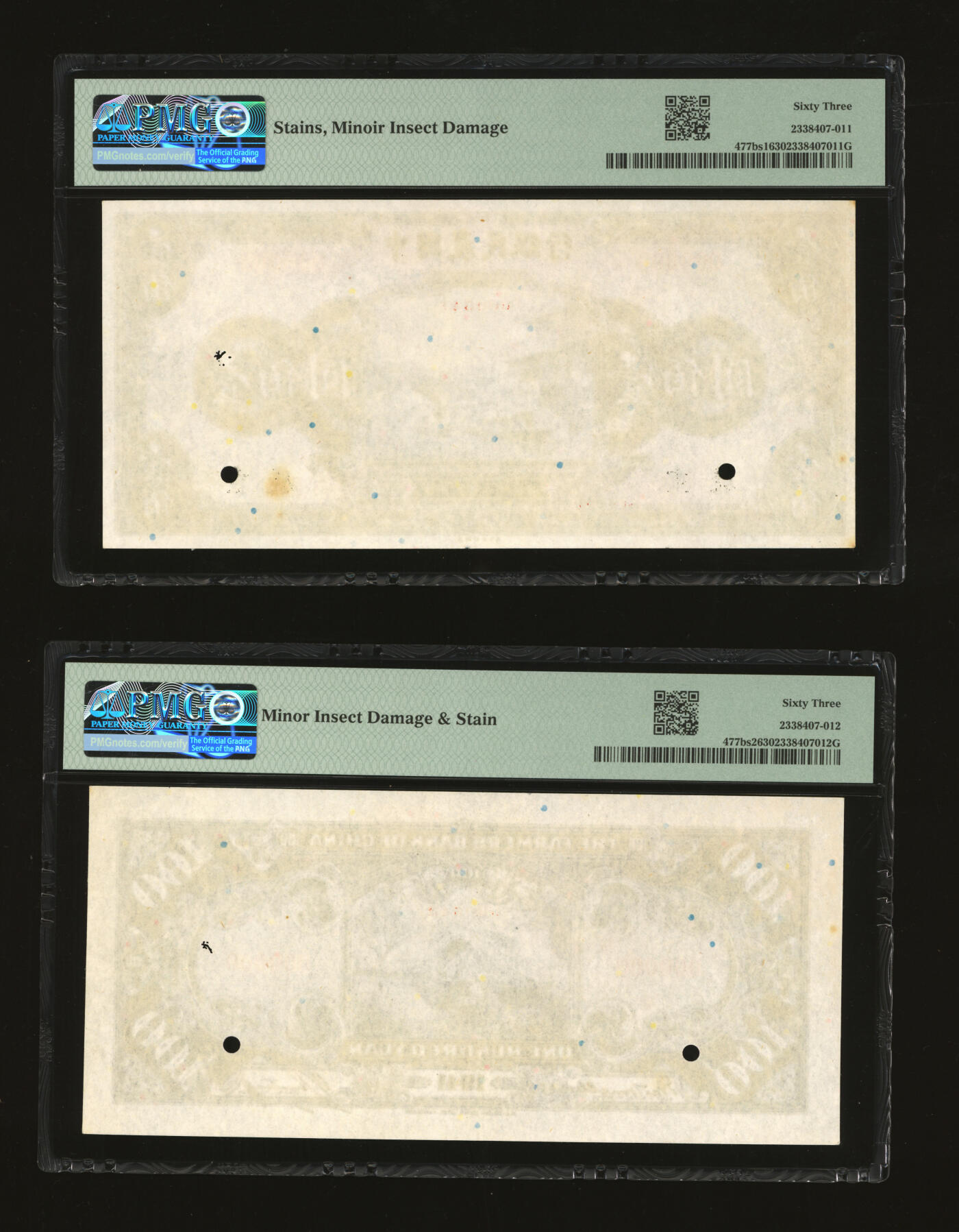 泓盛2025年秋季拍卖会 纸币 民国三十年（1941年）中国农民银行壹佰圆样本券，双张式，国内版，少见，纸张白净硬挺，纹理清晰，凹凸强烈，色彩浓郁纯正，少见之极佳品相，全新（唯一亚军分、冠军分仅1枚，PMG-63/2338407-011、012）