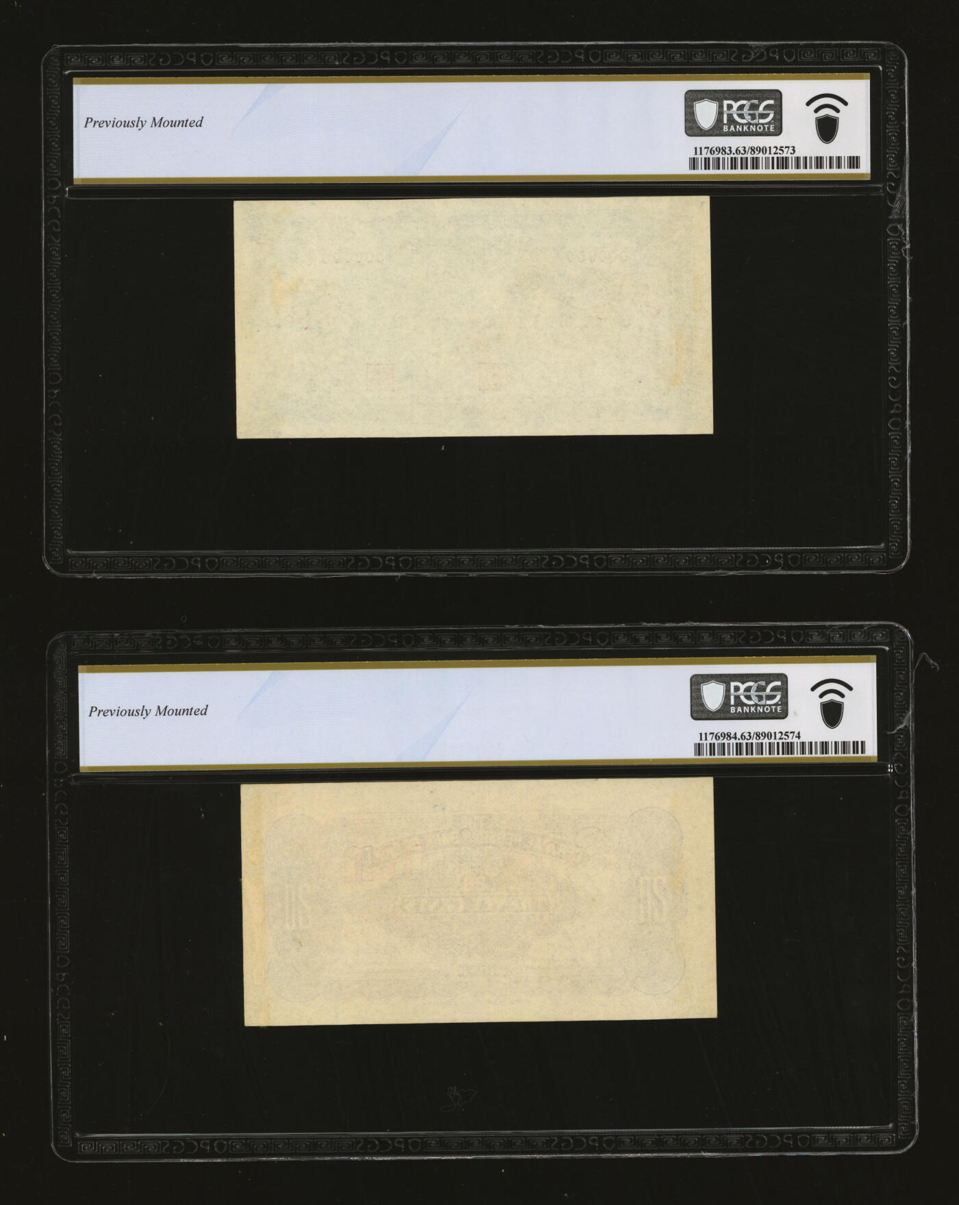 泓盛2025年秋季拍卖会 纸币 1940年中央储备银行华成版贰角样本，正背共2枚，少见，纸张硬挺，雕刻版纹理清晰，凹凸强烈，色彩浓郁醇厚，全新（均为唯一冠军分，PCGS-63/89012573、74）