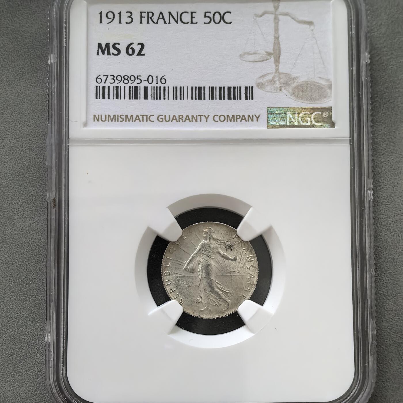 道一币馆币章第一百五十一场 NGC MS62 法国1913年播种女神50生丁银币