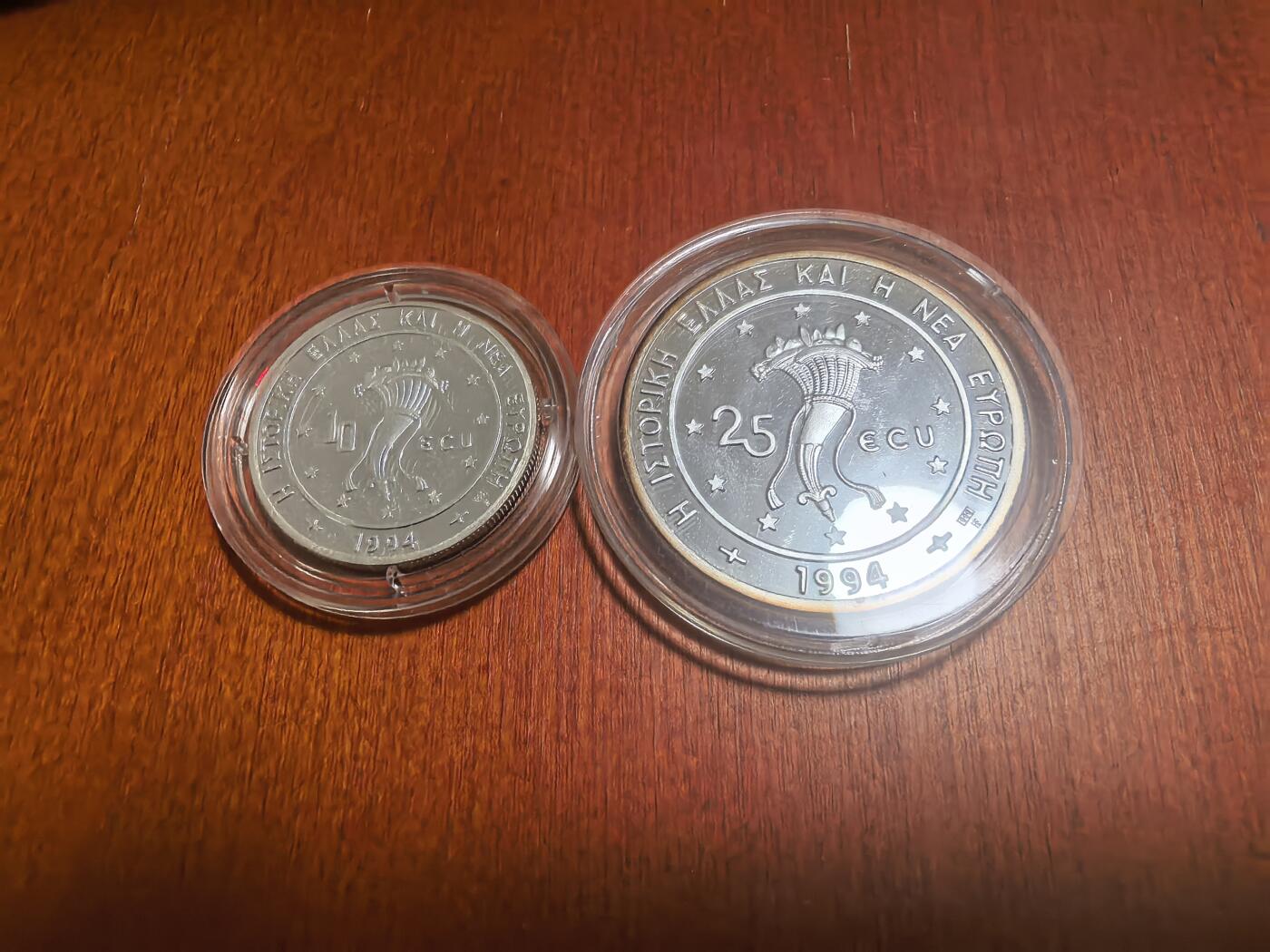 长老汇蛇年精选第六十二场拍卖 珍稀币！1994希腊雅典卫城10+25埃居精制银币2枚套，38克999银，盒证全，2000套