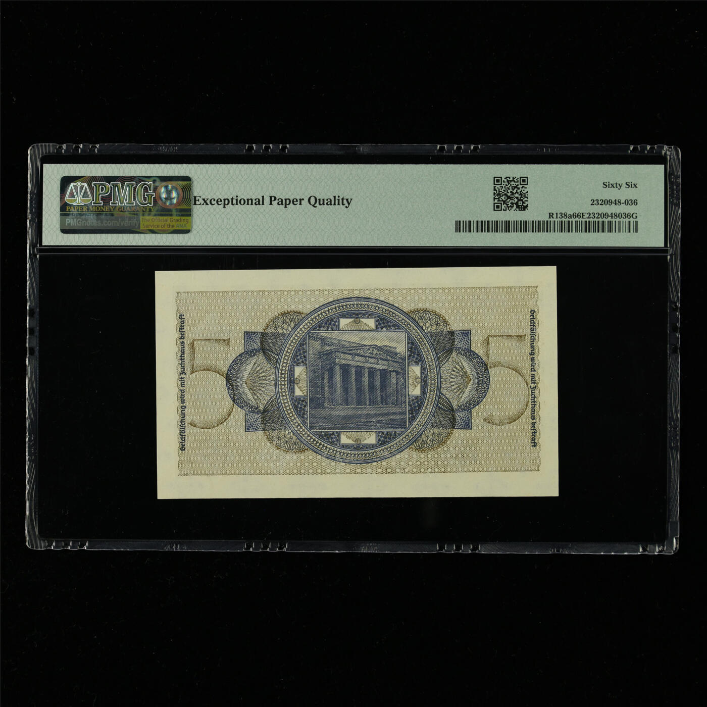 【亘邦集藏】第214期拍卖 1940-45年 德国5马克 PMG 66EPQ 3378386