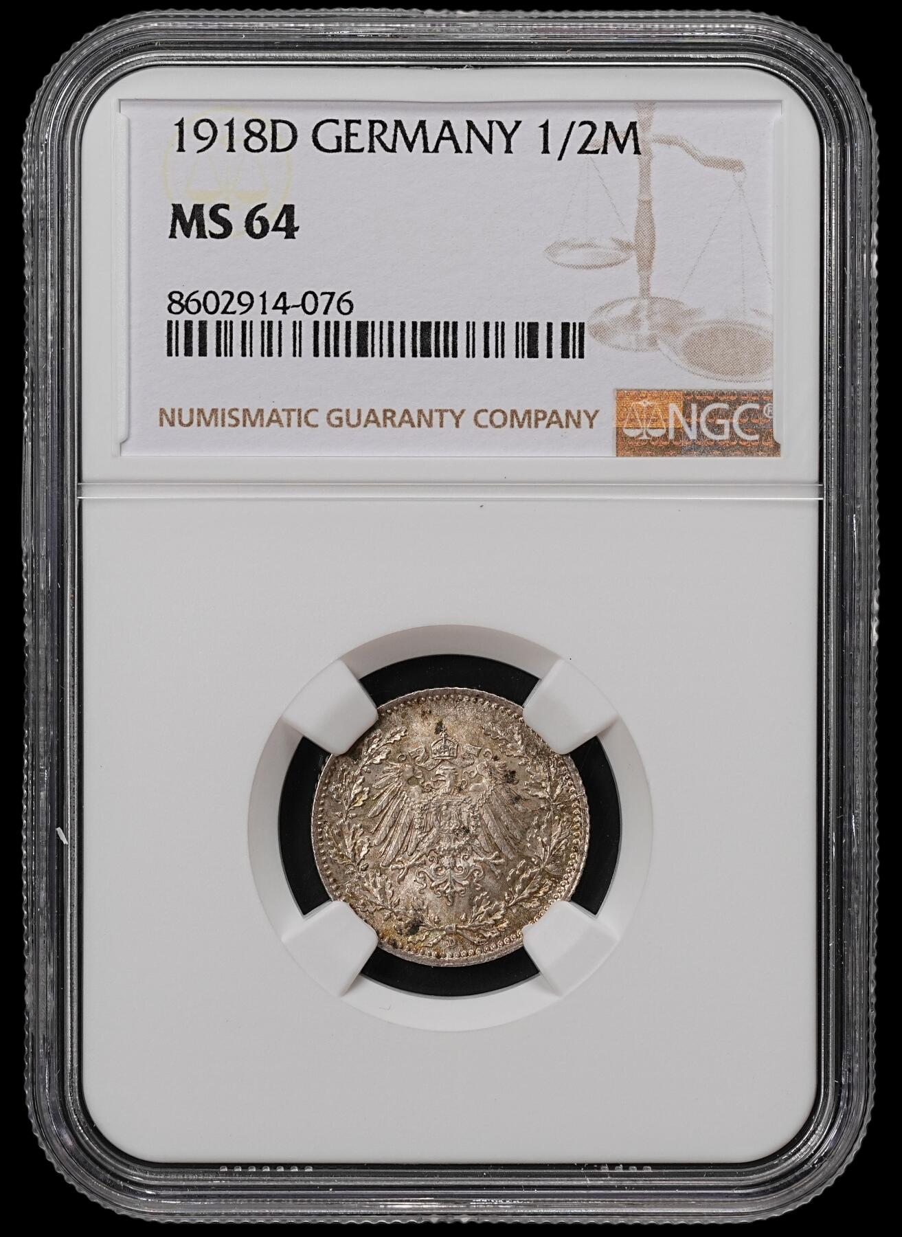 修遠堂世界钱币第八十九期 NGC MS64 1918年德国1/2马克银币 D厂铭