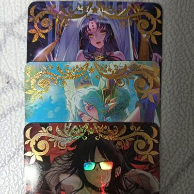 花开卡拍第43期（10月19号周日截拍，品控勿拍!!!拍品不寄存，运费5元，自制卡难免瑕疵，可能存在轻微撞角爆边等出厂瑕疵，品控介意勿拍！） - 茉莉卡牌 FGO 虞美人 提亚马特 杀生院祈荒 背面艺术卡  1套3张 金沙彩闪