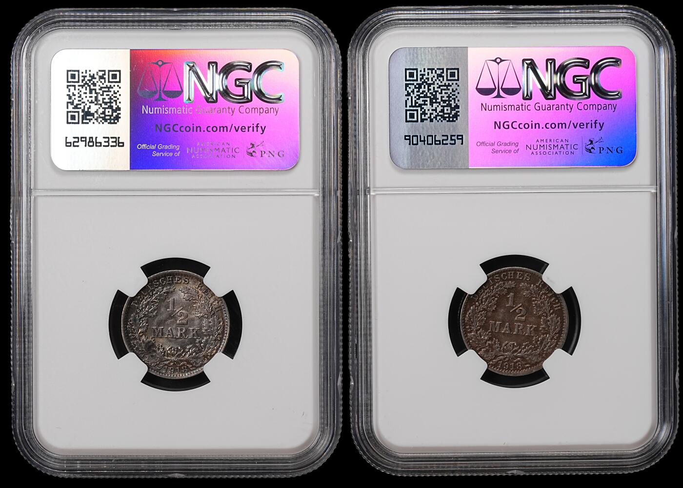 修遠堂世界钱币第八十九期 NGC评级 1918年德国1/2马克银币两枚 黑彩