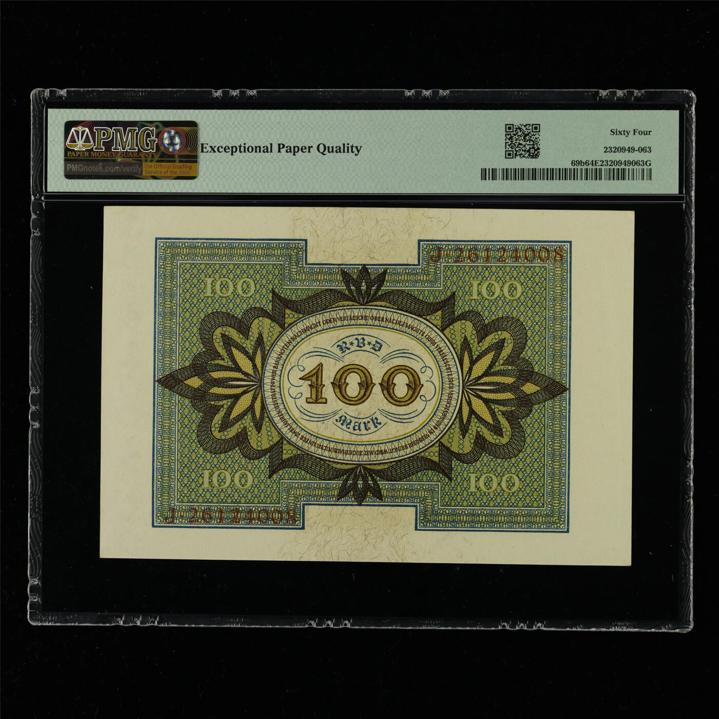 【亘邦集藏】第214期拍卖 1920年 德国100马克 PMG 64EPQ J26124008