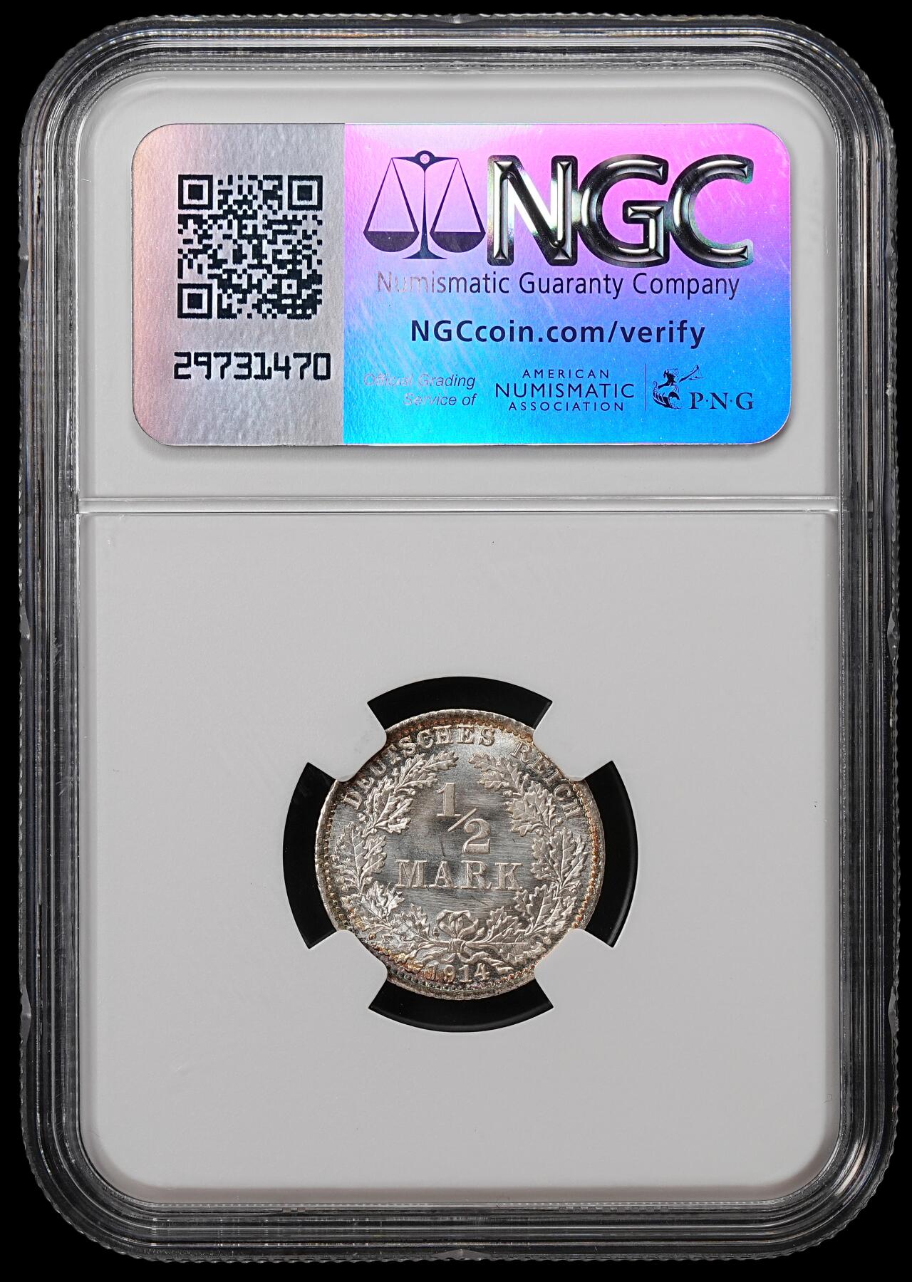 修遠堂世界钱币第八十九期 NGC MS67 1914年德国1/2马克银币 A厂铭