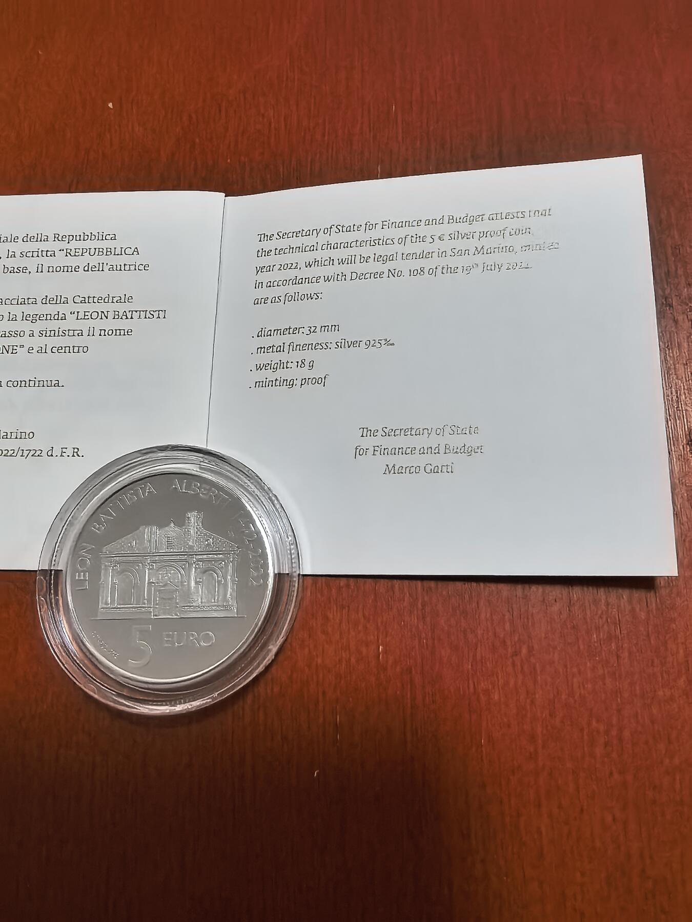 长老汇蛇年精选第六十二场拍卖 2022圣马力诺里昂教堂5欧元精制银币，18克925银，盒证全