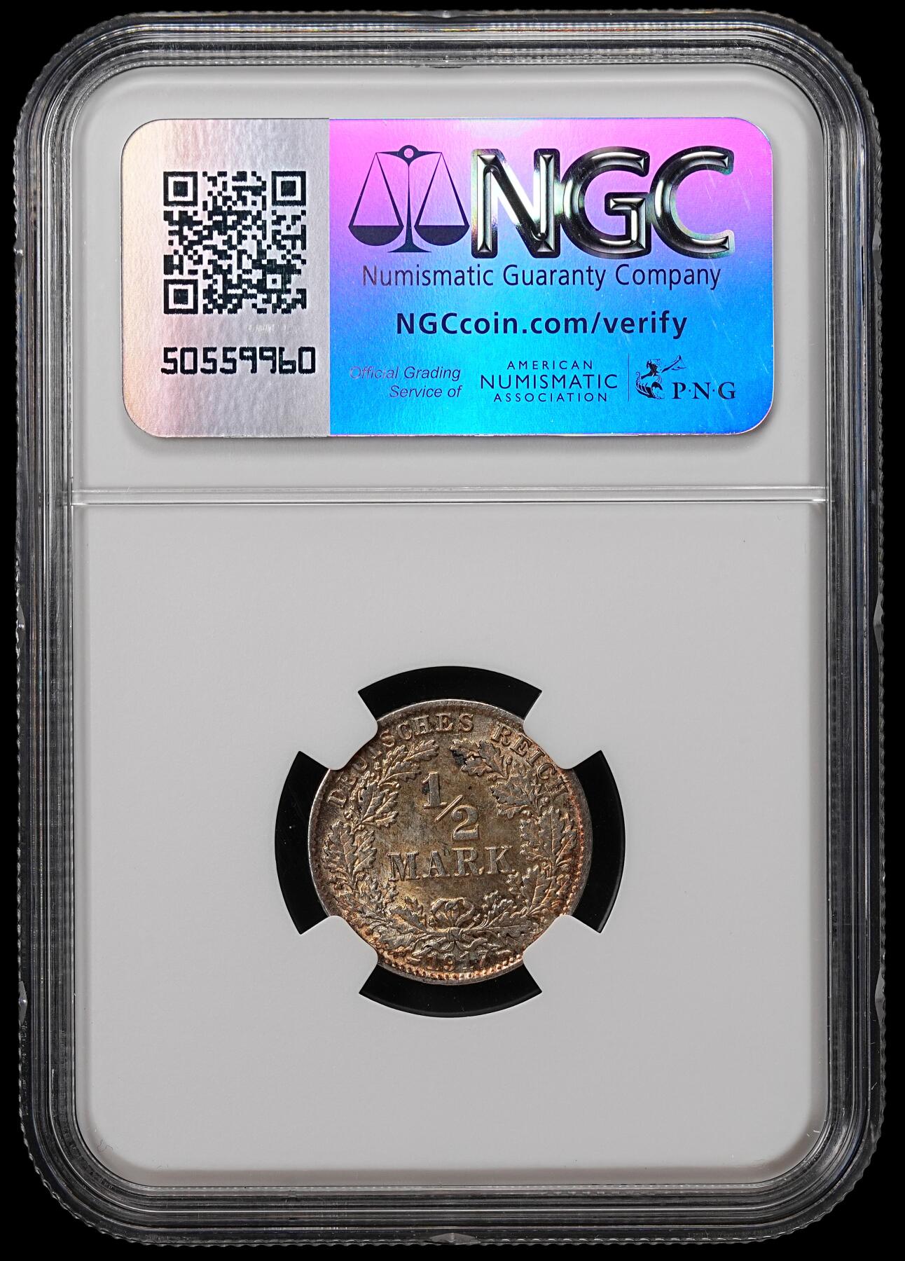 修遠堂世界钱币第八十九期 NGC MS64 1917年德国1/2马克银币 D厂铭