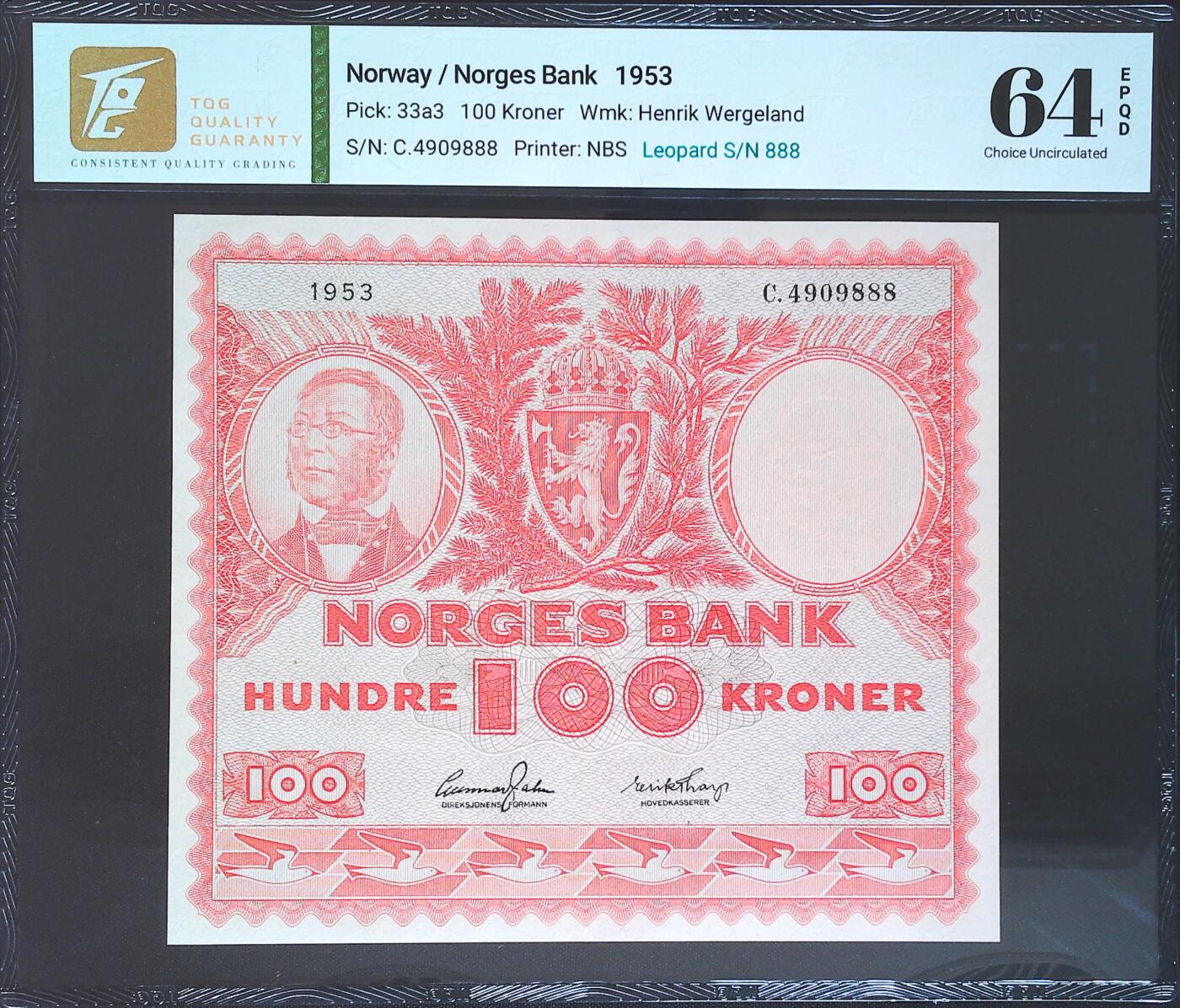 世界靓号纸钞第七十六期 1953年挪威100克朗 经典大方块 豹子号888 TQG64 非常非常难得一见的靓号 可遇不可求