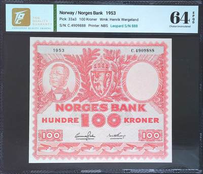 世界靓号纸钞第七十六期 - 1953年挪威100克朗 经典大方块 豹子号888 TQG64 非常非常难得一见的靓号 可遇不可求