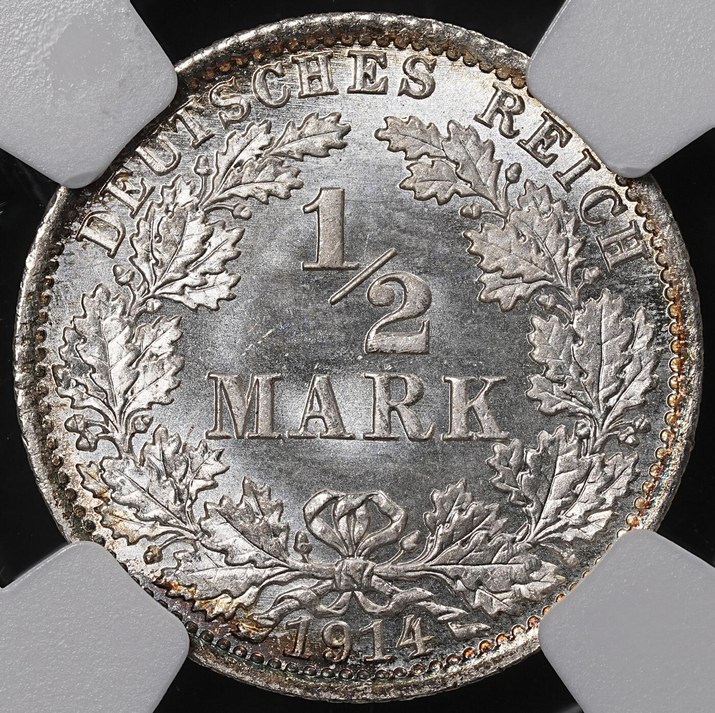 修遠堂世界钱币第八十九期 NGC MS67 1914年德国1/2马克银币 A厂铭