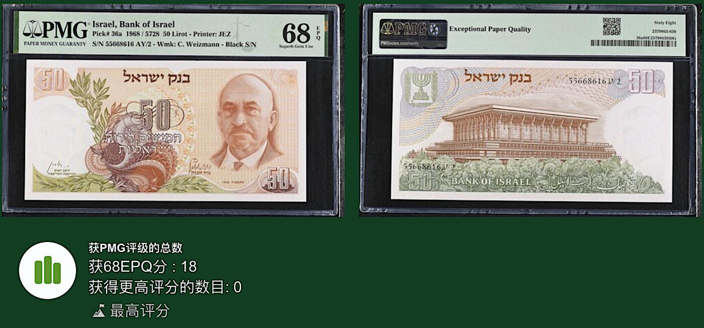 《艾美收藏》第216期-10.19周日外币超白金场 以色列50利洛特 PMG68E 1968年 无347 冠军分