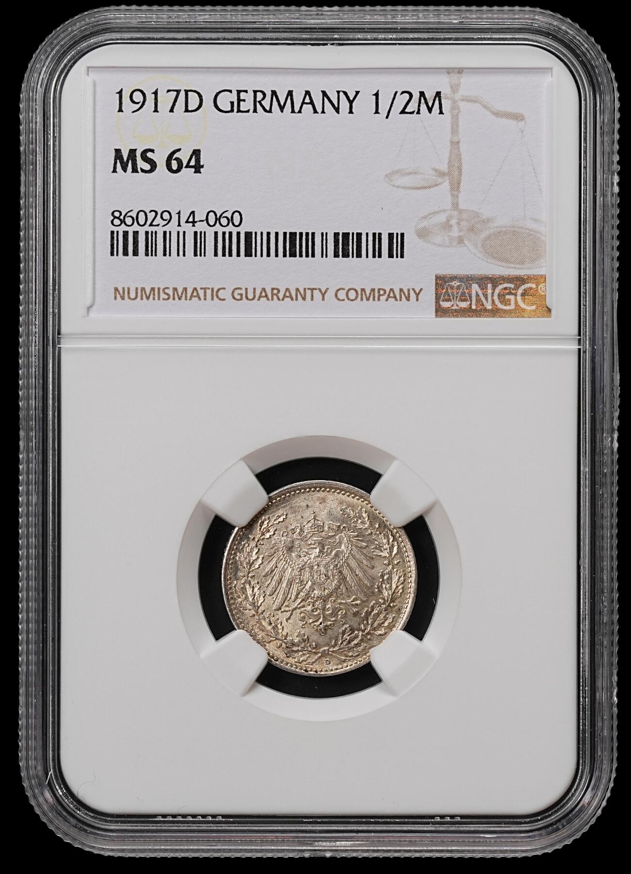 修遠堂世界钱币第八十九期 NGC MS64 1917年德国1/2马克银币 D厂铭