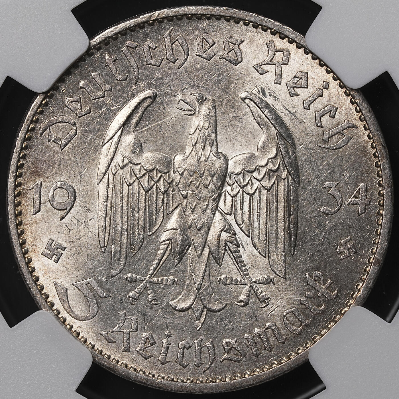 修遠堂世界钱币第八十九期 NGC MS62 1934年德国教堂5马克银币 A厂铭 加字