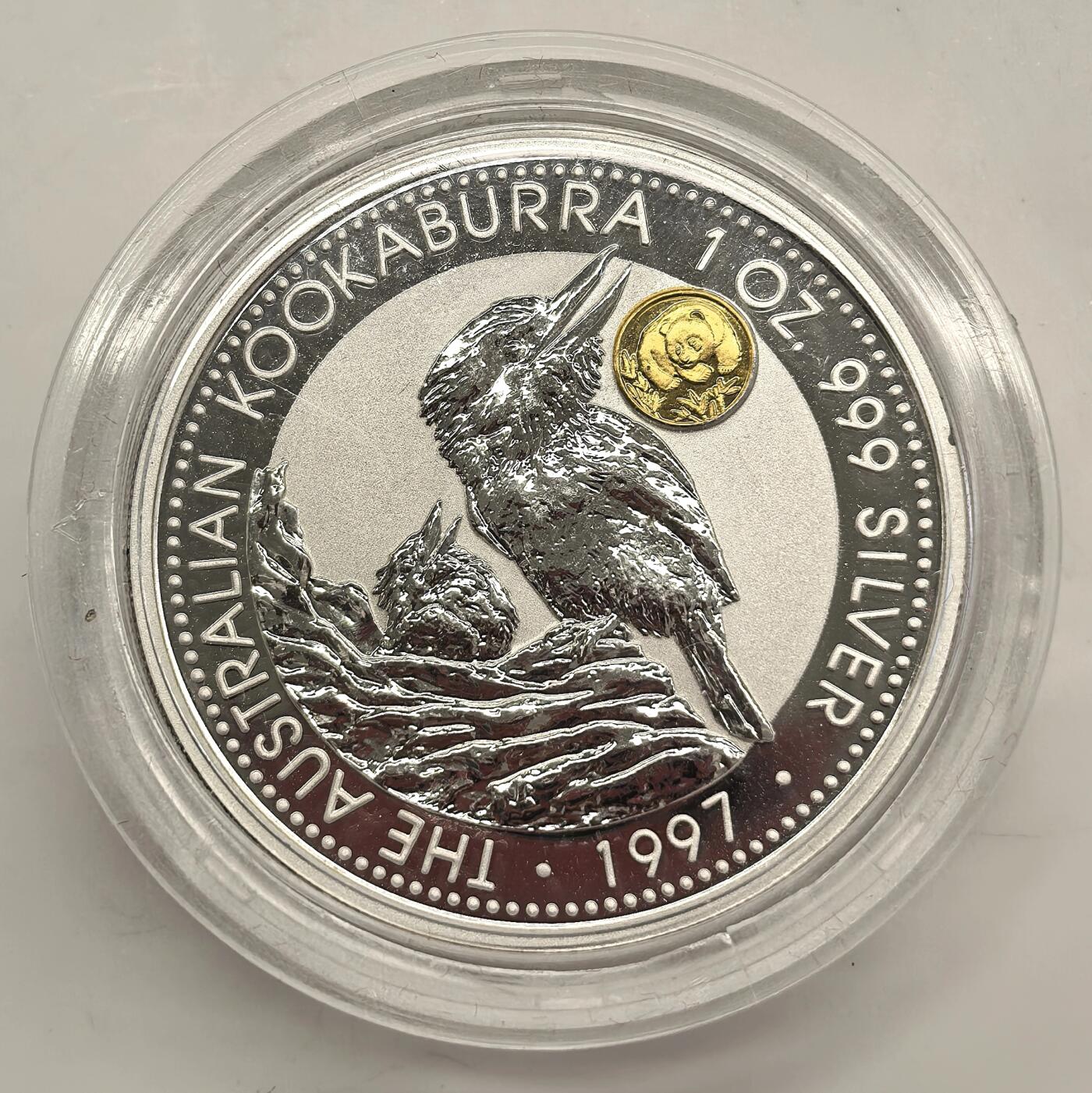 博洋堂世界钱币拍卖第143期（全场包邮） 澳大利亚1997年笑翠鸟镶金猫银币，含一盎司纯银及约0.5g纯金，为上海钱博会发行，料价飞涨，值得入手