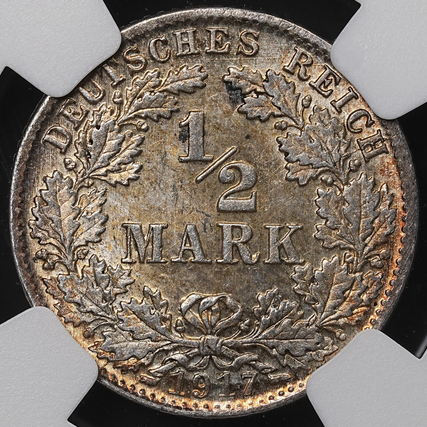 修遠堂世界钱币第八十九期 NGC MS64 1917年德国1/2马克银币 D厂铭