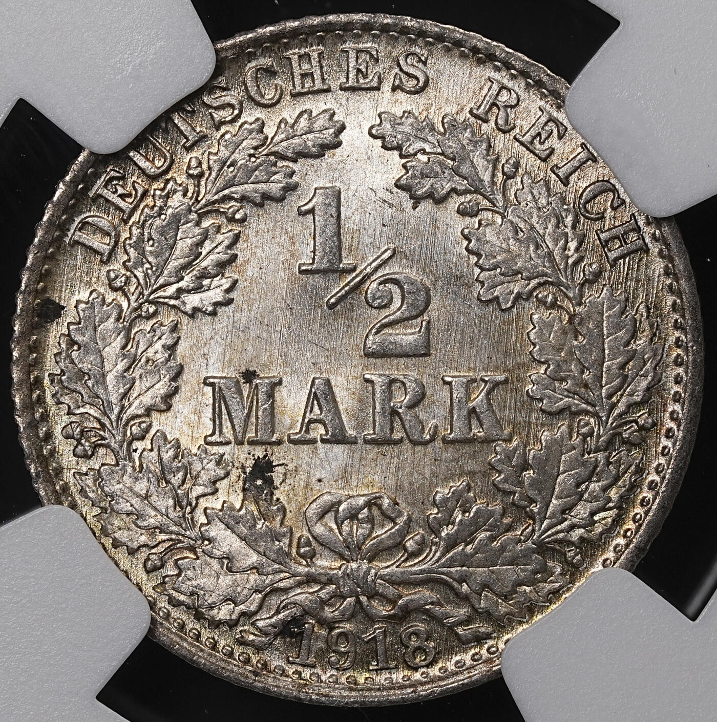修遠堂世界钱币第八十九期 NGC MS64 1918年德国1/2马克银币 D厂铭