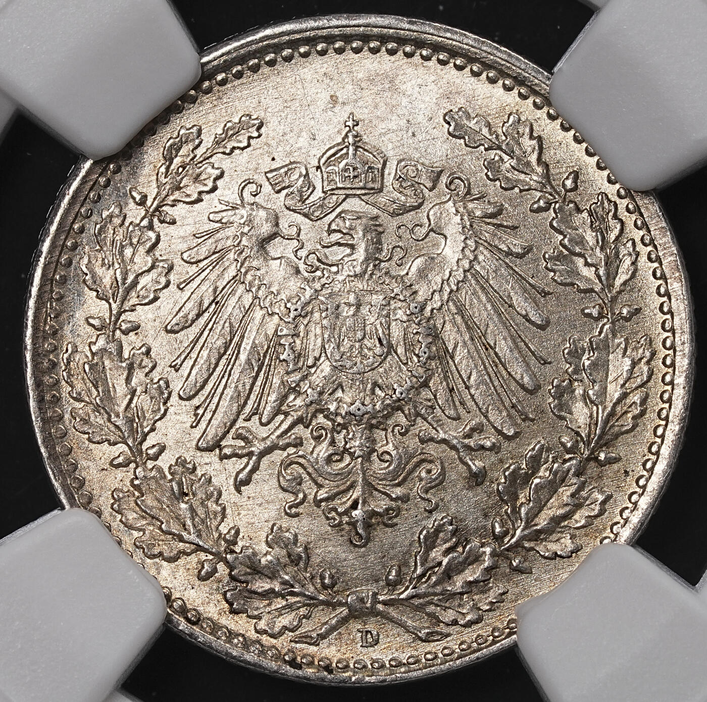 修遠堂世界钱币第八十九期 NGC MS64 1917年德国1/2马克银币 D厂铭