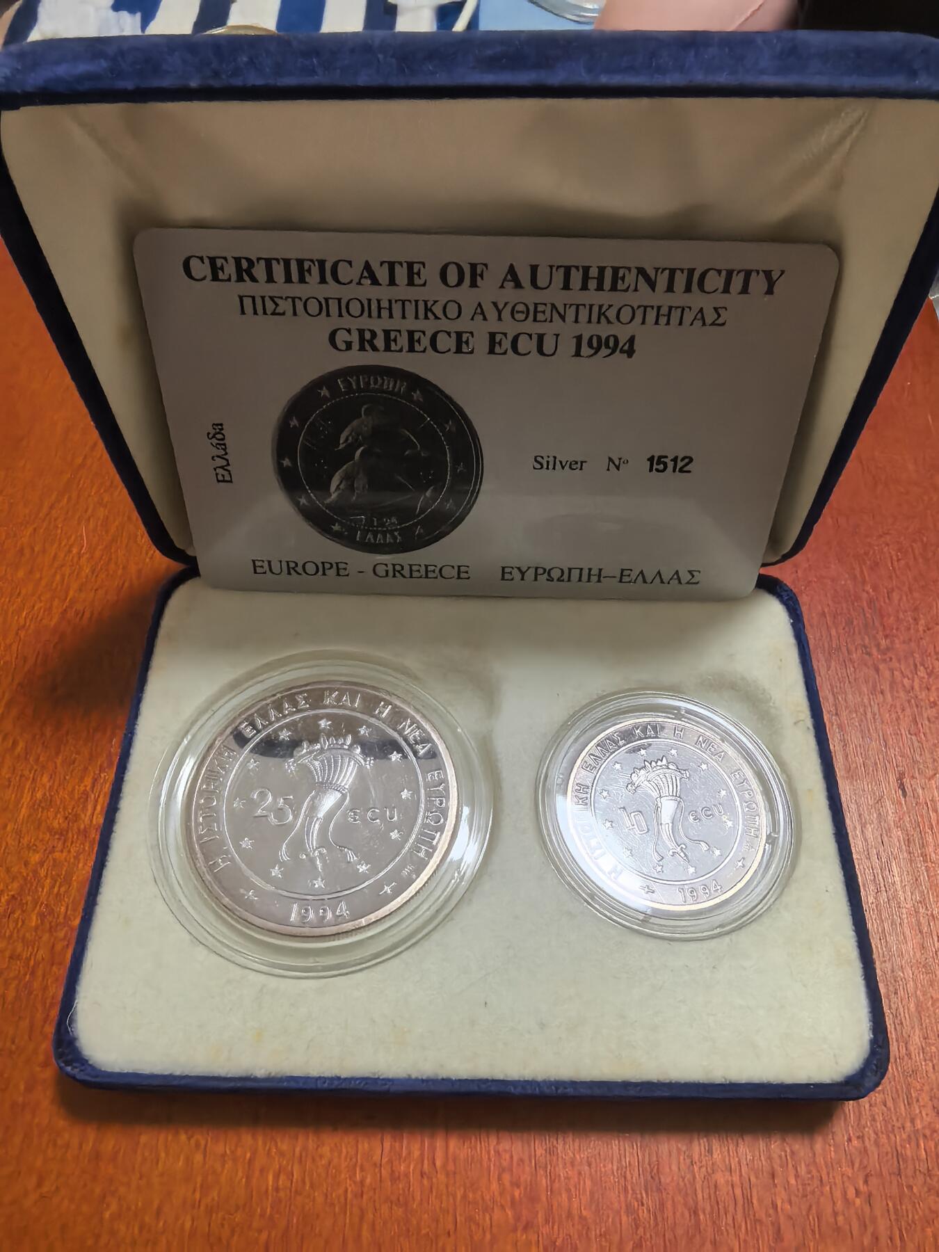 长老汇蛇年精选第六十二场拍卖 珍稀币！1994希腊海豚10+25埃居精制银币2枚套，38克999银，盒证全，2000套