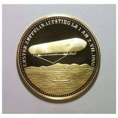 【旋风钱币】10月25日19:00准时开拍 精美欧洲币章、第三帝国钱币、精美项链等 全场包邮 【银】德国齐柏林和LZ1飞艇 高浮雕精制大镀金银章 40MM 20克