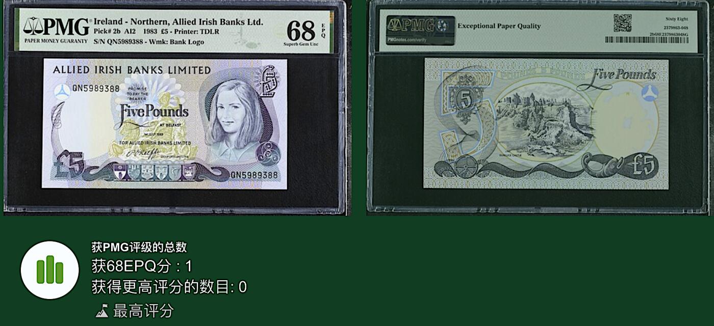 《艾美收藏》第216期-10.19周日外币超白金场 北爱尔兰5镑 PMG68E 1983年 联合银行老版本 无47双尾88 唯一冠军分