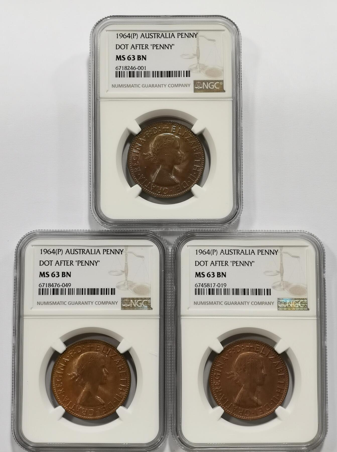 博洋堂世界钱币拍卖第143期（全场包邮） NGC MS63BN 英属澳大利亚1964年伊丽莎白二世袋鼠1便士铜币3枚一组，带彩包浆
