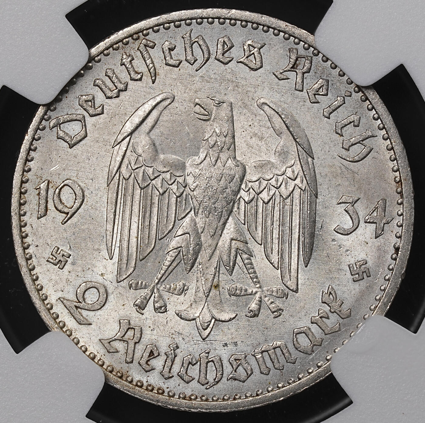 修遠堂世界钱币第八十九期 NGC MS63 1934年德国教堂2马克银币 A厂铭