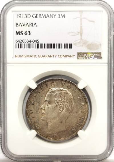 博洋堂世界钱币拍卖第143期（全场包邮） - NGC MS63 德国巴伐利亚1913年奥托3马克银币