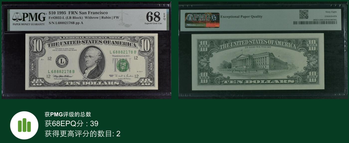 《艾美收藏》第216期-10.19周日外币超白金场 美国10元 PMG68E 1995年 无4尾8 亚军分